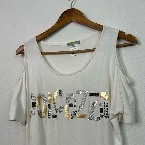 Dolcezza Sequin Logo Scoop Neck Cold Shoulder Top Size Small - Picture 2 of 11